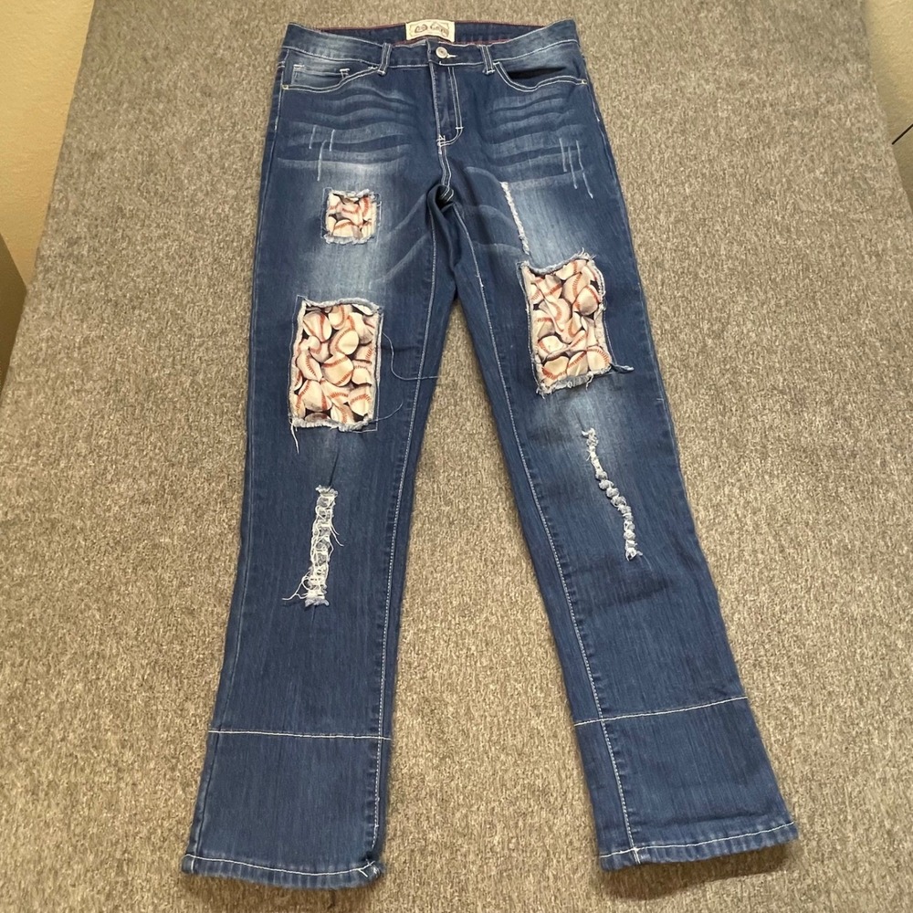 L&B Baseball Patch Distressed Jeans Womens 14‎ Medium Wash Straight Leg Stretch